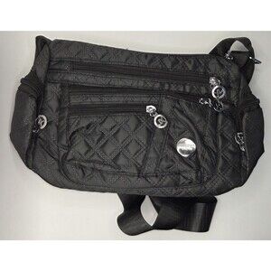 JINGPIN Black Quilted Nylon Canvas Multi-Pocket Crossbody Shoulder Travel Bag